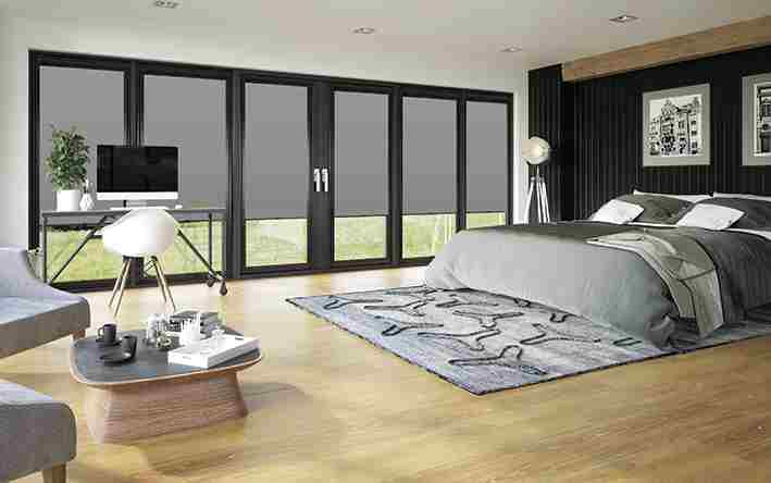 Perfect Fit Roller Blinds with Anthracite Grey Frames for Bi-fold Doors